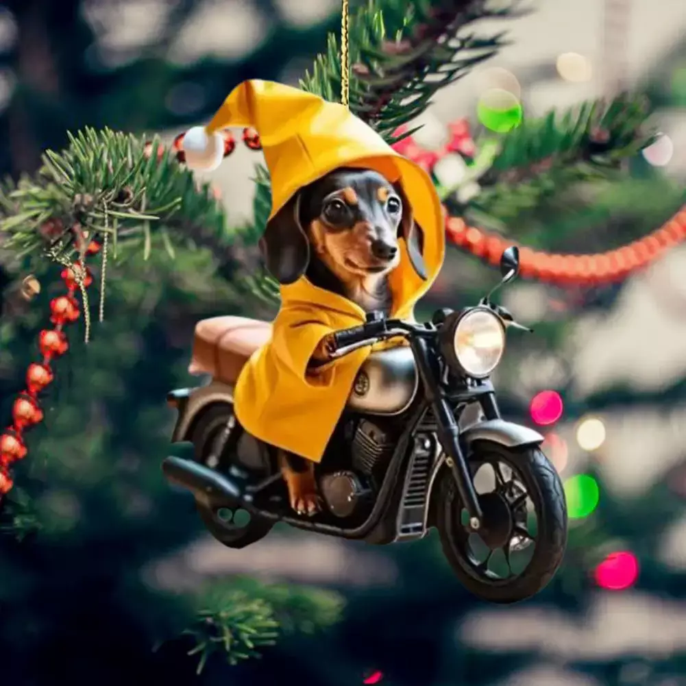Acrylic Dog Decor Motorbike Dog Acrylic Hanging Decoration for Home Car Yellow Hoodie Riding Puppy Ornament for Christmas Tree - Image 3