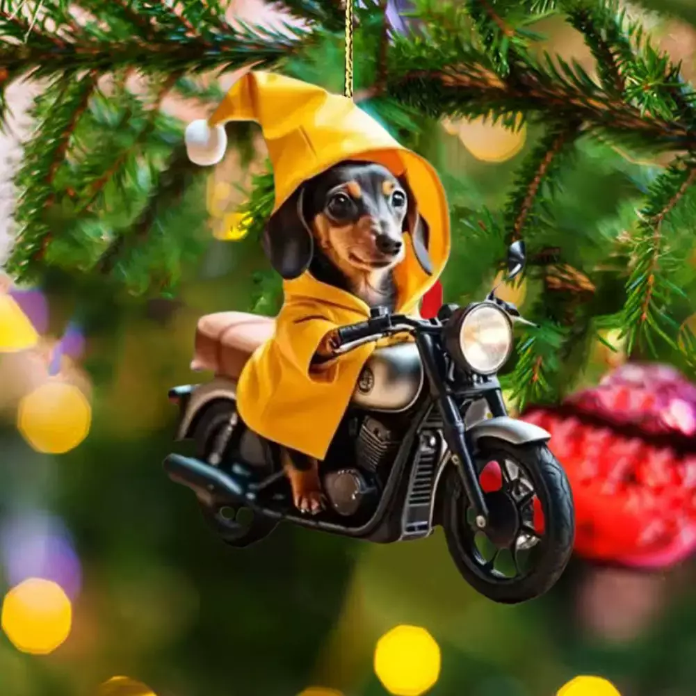 Acrylic Dog Decor Motorbike Dog Acrylic Hanging Decoration for Home Car Yellow Hoodie Riding Puppy Ornament for Christmas Tree - Image 2