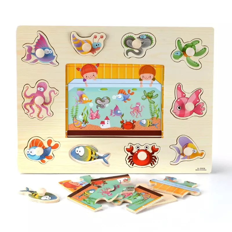 Montessori Wooden Puzzles Hand Grab Boards Toys Tangram Jigsaw Baby Educational Toys Cartoon Vehicle Animals Fruits 3D Puzzles - Image 3