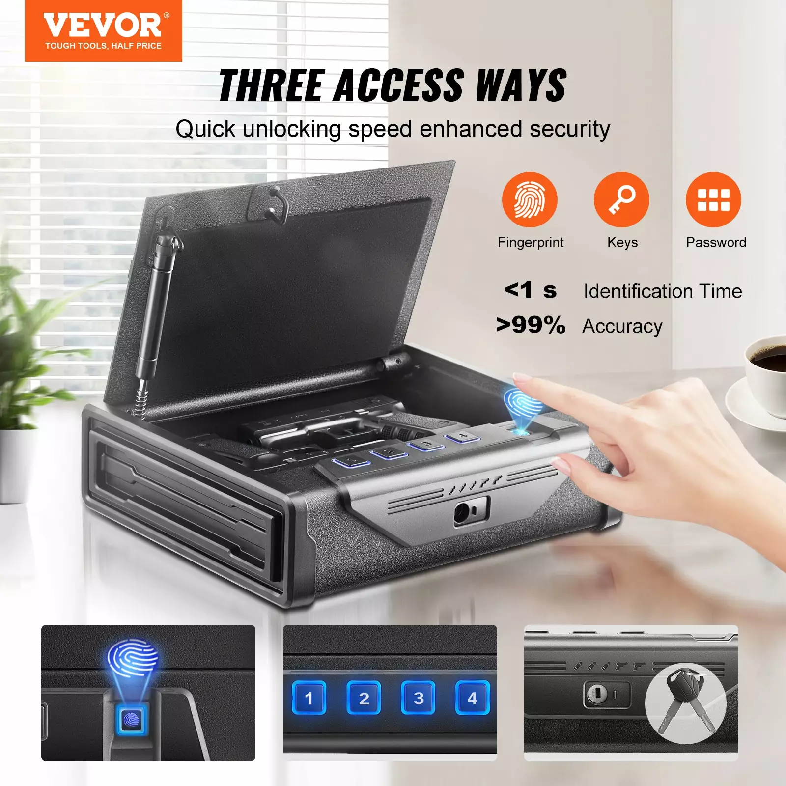 VEVOR Gun Safe Q235 Steel Pistol Safe 3-Way Quick Access Firearm Case Gun Box Advanced Biometric Technology Travel Gun Safe - Image 2