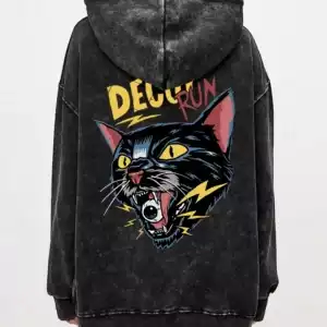 Fashion Womans Washed Hoodie Comic Horror Cat Print Streetwears Retro Oversize Cotton Pullovers Autumn Winter Couple Streetwear