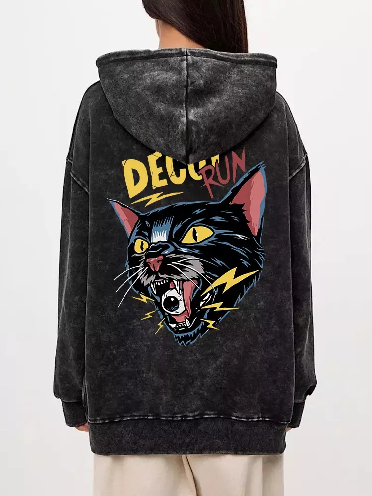 Fashion Womans Washed Hoodie Comic Horror Cat Print Streetwears Retro Oversize Cotton Pullovers Autumn Winter Couple Streetwear