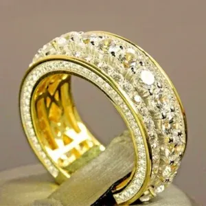 14 k Gold color Gold Full Diamond Round Ring for Women Men Wedding Engagement Party Accessories Gift Jewelry Rings 2021 Trend