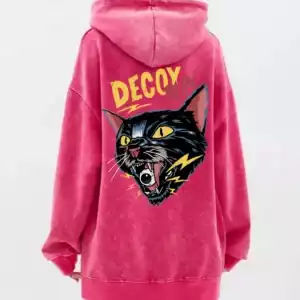 Fashion Womans Washed Hoodie Comic Horror Cat Print Streetwears Retro Oversize Cotton Pullovers Autumn Winter Couple Streetwear - Rose Red, L