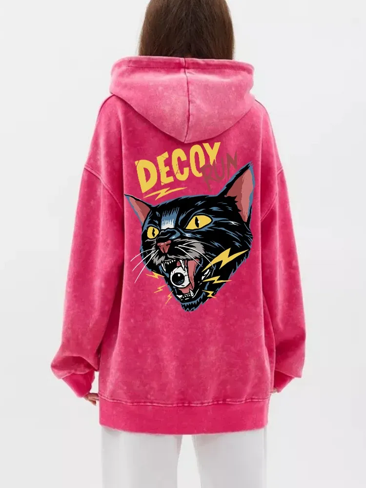 Fashion Womans Washed Hoodie Comic Horror Cat Print Streetwears Retro Oversize Cotton Pullovers Autumn Winter Couple Streetwear - Image 2