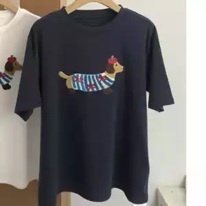 Summer Cute Dog Embroidered Round Neck Loose Cotton Short Sleeve T-Shirt Top For Women - Navy Blue, One Size